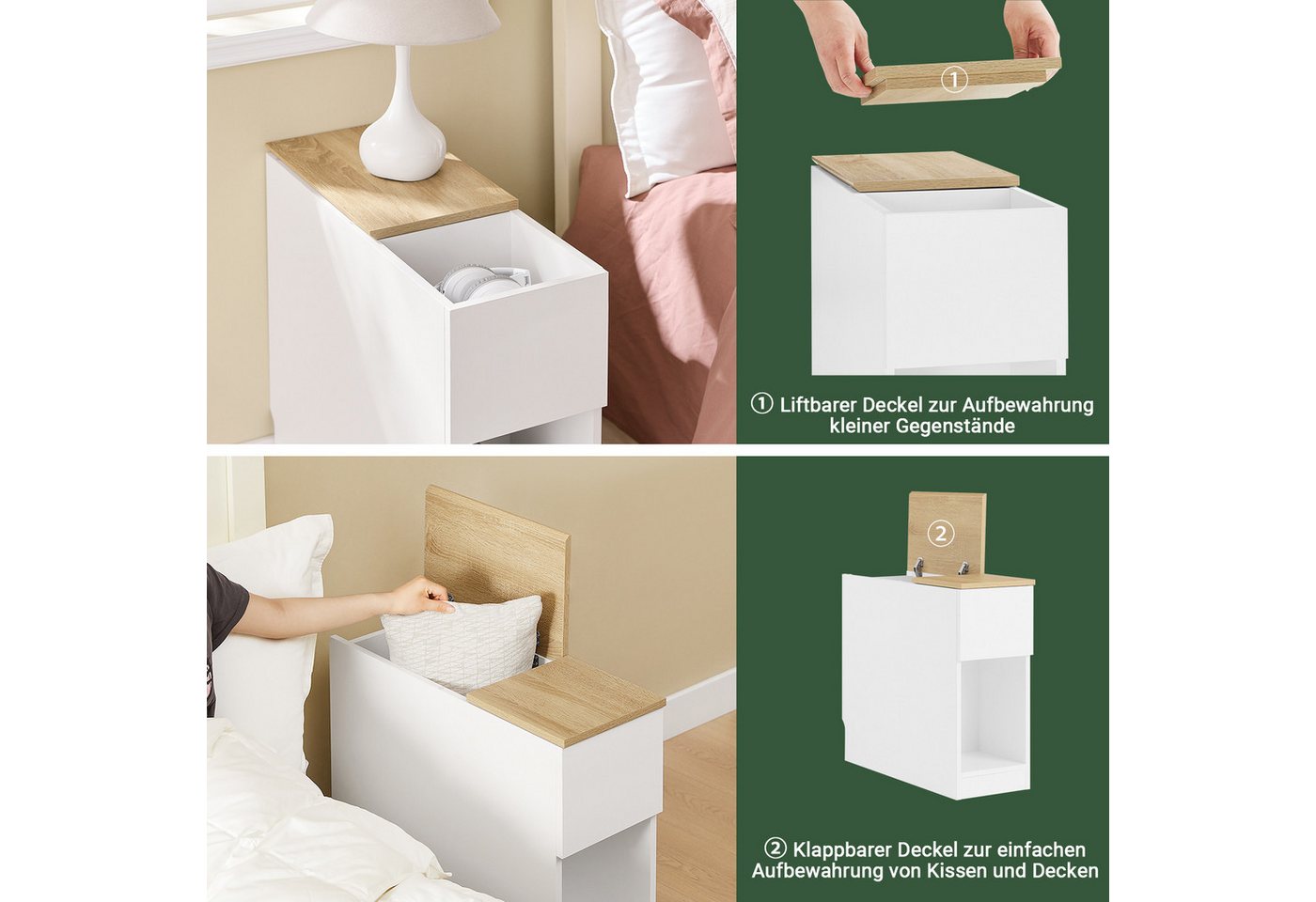 SoBuy Nachttisch FBT162, Nachtkommode, mit Stauraumregal und Schubladen, schmal, (1-St), Beistelltisch schmal, Nachtschrank Sofatisch, offenes Fach – Bild 5 von 5