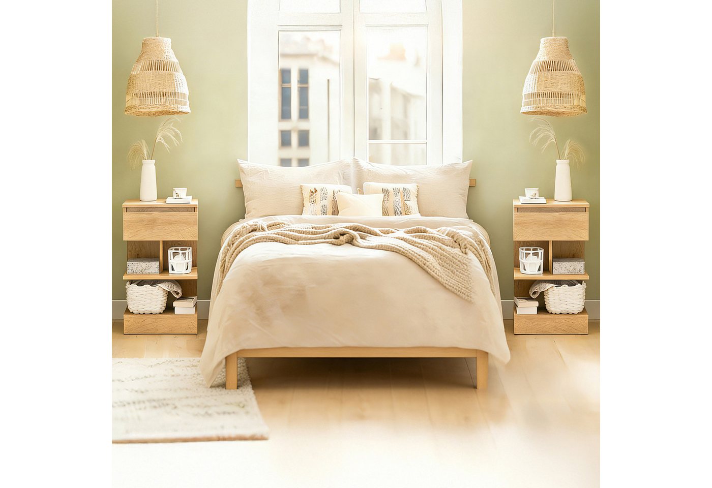 SoBuy Nachttisch FBT49, Nachttisch schmal, Nachtschrank Aufbewahrungsschrank, (2-St), Beistelltisch mit Schublade, Nachtschrank, offene Ablage – Bild 2 von 5