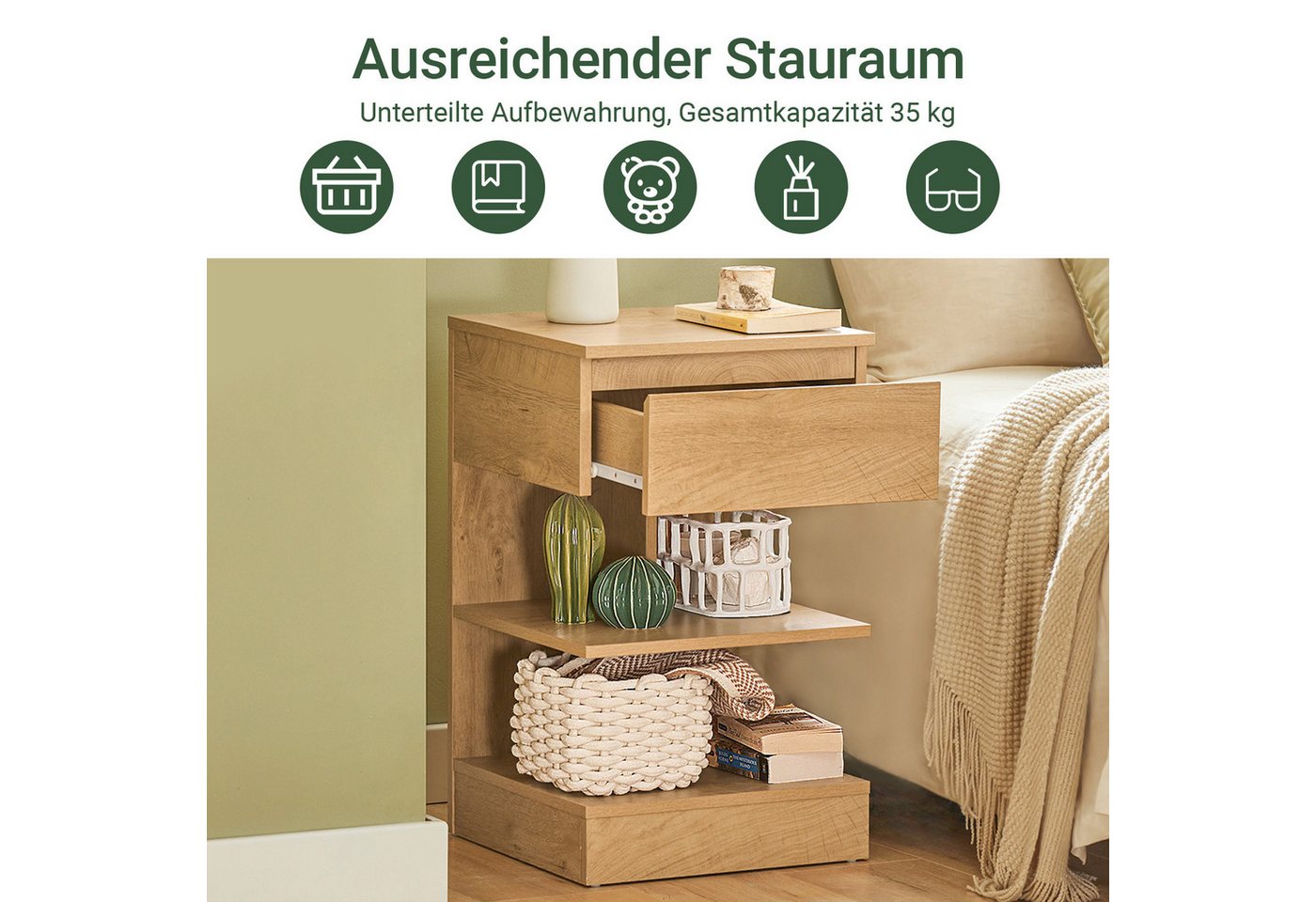 SoBuy Nachttisch FBT49, Nachttisch schmal, Nachtschrank Aufbewahrungsschrank, (2-St), Beistelltisch mit Schublade, Nachtschrank, offene Ablage – Bild 3 von 5