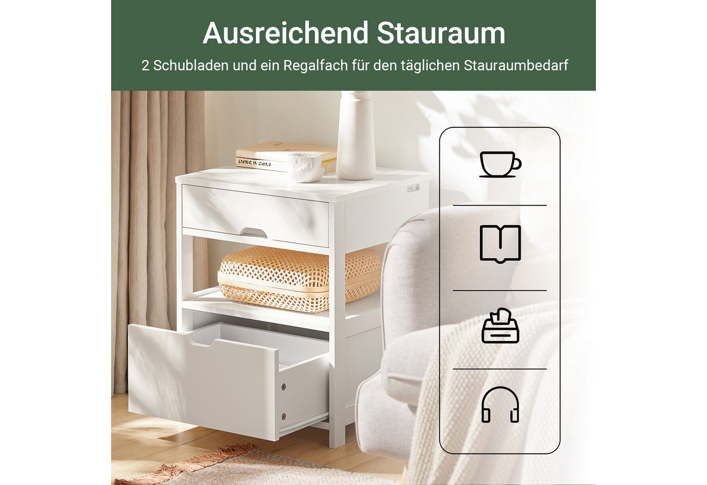 SoBuy Nachttisch FRG258, Nachtschrank Beistelltisch schmal, 2 Schubladen 2 Ablage, offenes Fach – Bild 3 von 5