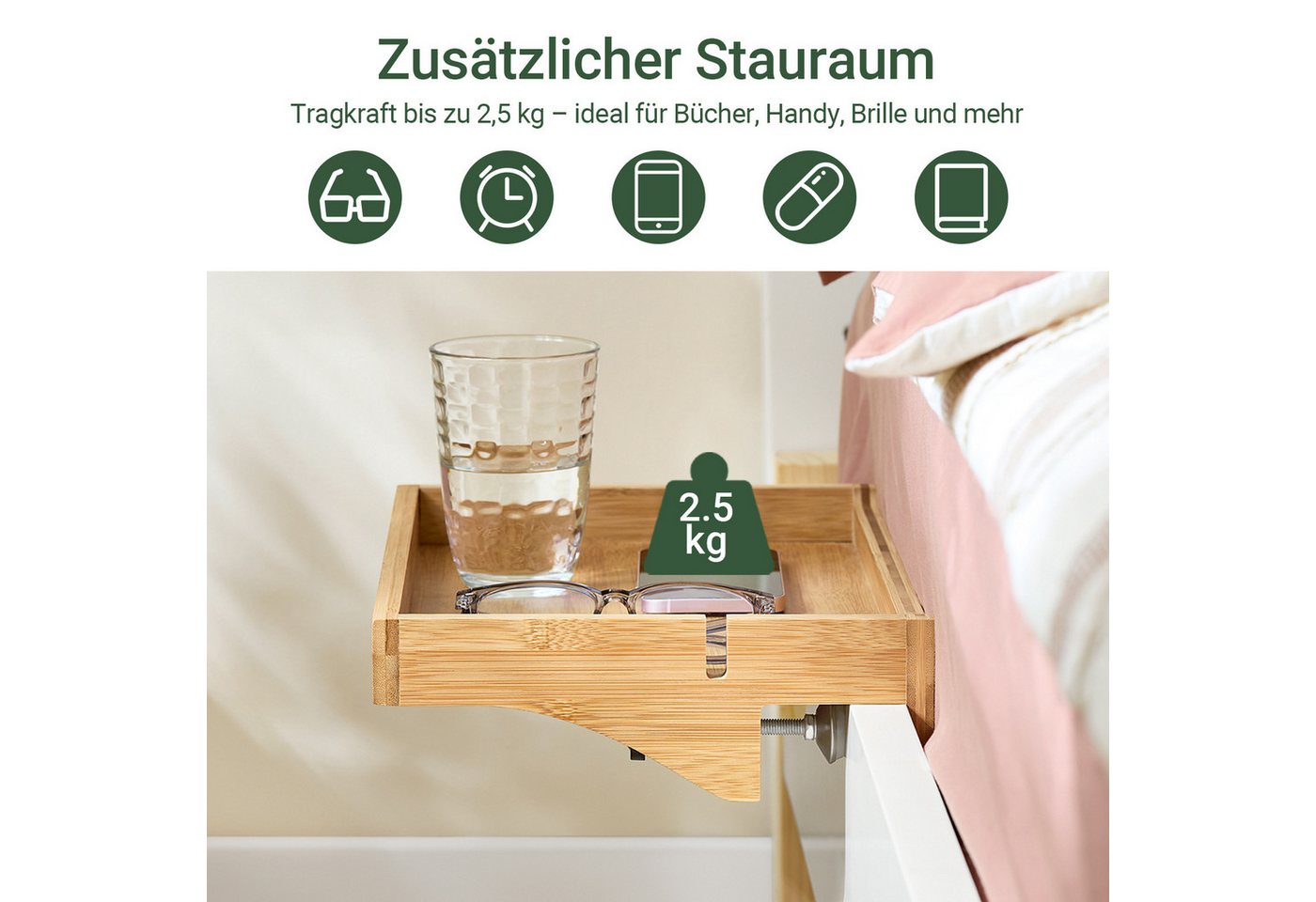 SoBuy Nachttisch NKD01, Klemmregal fürs Bett mit Kabelführung, Bambus, Bettablage mit Kabelführung Regal für Mobiltelefon Fernbedienung – Bild 3 von 5