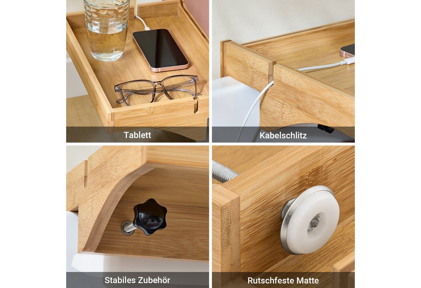 SoBuy Nachttisch NKD01, Klemmregal fürs Bett mit Kabelführung, Bambus, Bettablage mit Kabelführung Regal für Mobiltelefon Fernbedienung – Bild 5 von 5