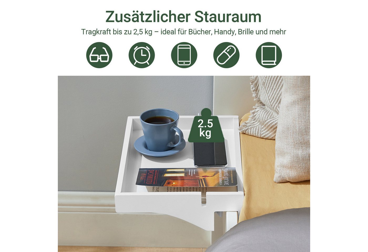 SoBuy Nachttisch NKD01, Klemmregal fürs Bett mit Kabelführung, Bambus, Bettablage mit Kabelführung Regal für Mobiltelefon Fernbedienung – Bild 2 von 5