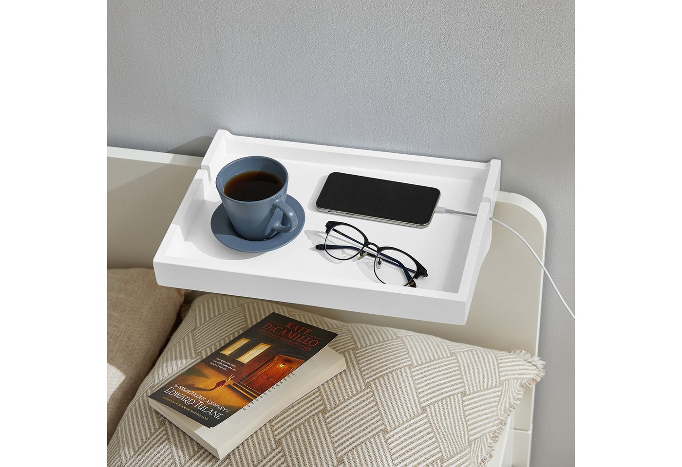 SoBuy Nachttisch NKD01, Klemmregal fürs Bett mit Kabelführung, Bambus, Bettablage mit Kabelführung Regal für Mobiltelefon Fernbedienung – Bild 3 von 5