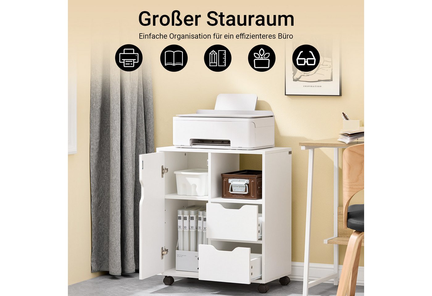 SoBuy Rollcontainer FBT105, Druckertisch Unterschrank Aktenschrank Bürocontainer Büromöbel, Rollcontainer auf Rollen, Beistellwagen, mit 2 Schubladen und 1 Tür – Bild 2 von 5