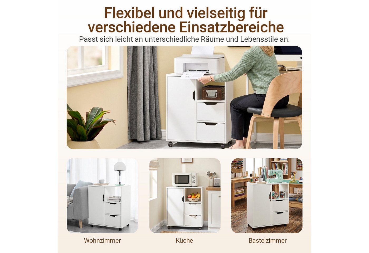 SoBuy Rollcontainer FBT105, Druckertisch Unterschrank Aktenschrank Bürocontainer Büromöbel, Rollcontainer auf Rollen, Beistellwagen, mit 2 Schubladen und 1 Tür – Bild 3 von 5