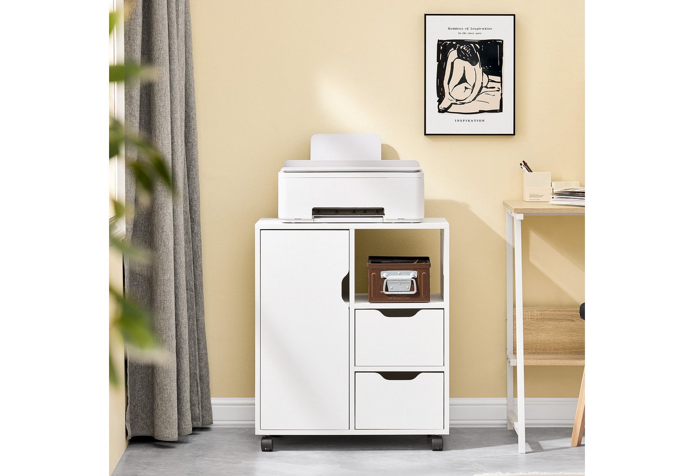 SoBuy Rollcontainer FBT105, Druckertisch Unterschrank Aktenschrank Bürocontainer Büromöbel, Rollcontainer auf Rollen, Beistellwagen, mit 2 Schubladen und 1 Tür – Bild 4 von 5