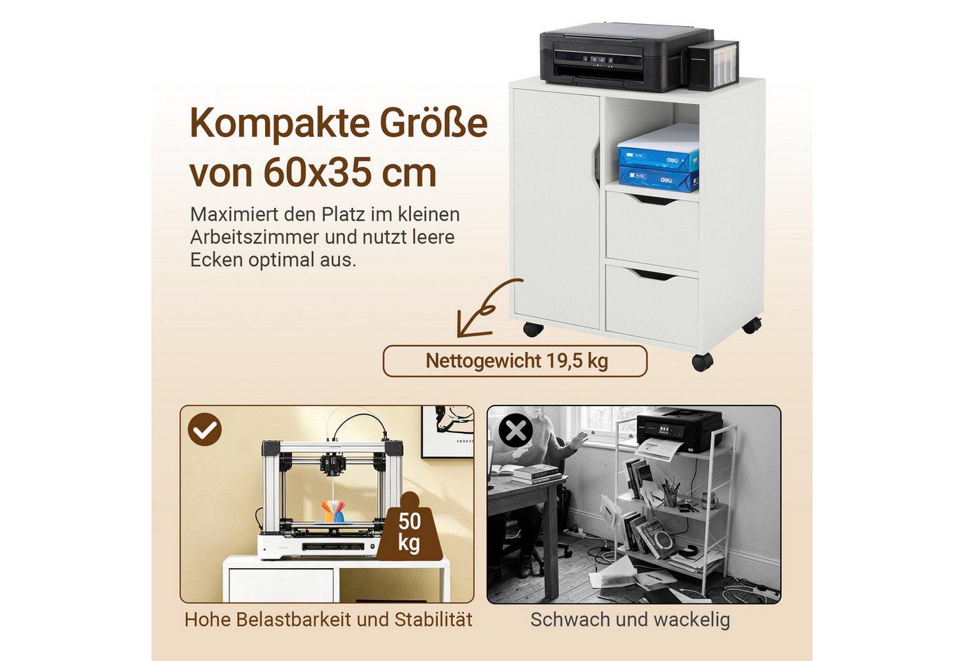 SoBuy Rollcontainer FBT105, Druckertisch Unterschrank Aktenschrank Bürocontainer Büromöbel, Rollcontainer auf Rollen, Beistellwagen, mit 2 Schubladen und 1 Tür – Bild 5 von 5