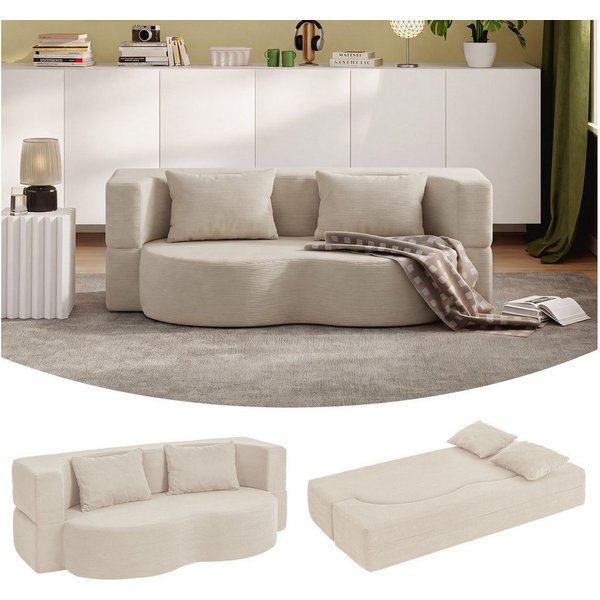 SoBuy Schlafsofa FST101, 2-Sitzer Sofa aus Cord, Klappsofa Gästebett mit 2 Kissen, Bodensofa mit Schlaffunktion für Wohnzimmer Schlafzimmer Gästezimmer