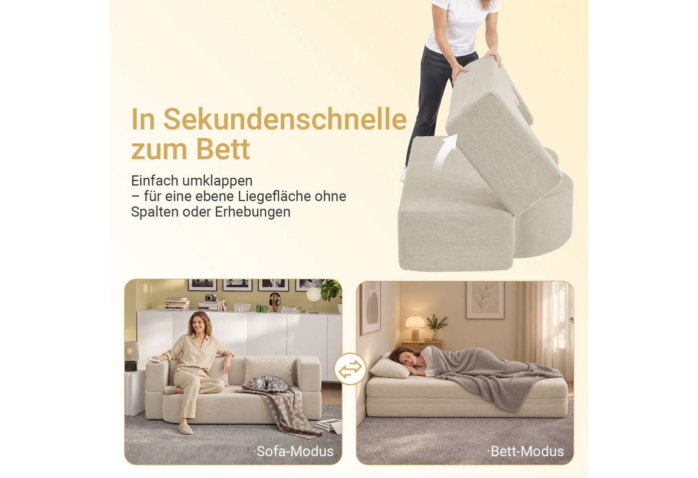 SoBuy Schlafsofa FST101, 2-Sitzer Sofa aus Cord, Klappsofa Gästebett mit 2 Kissen, Bodensofa mit Schlaffunktion für Wohnzimmer Schlafzimmer Gästezimmer – Bild 3 von 5