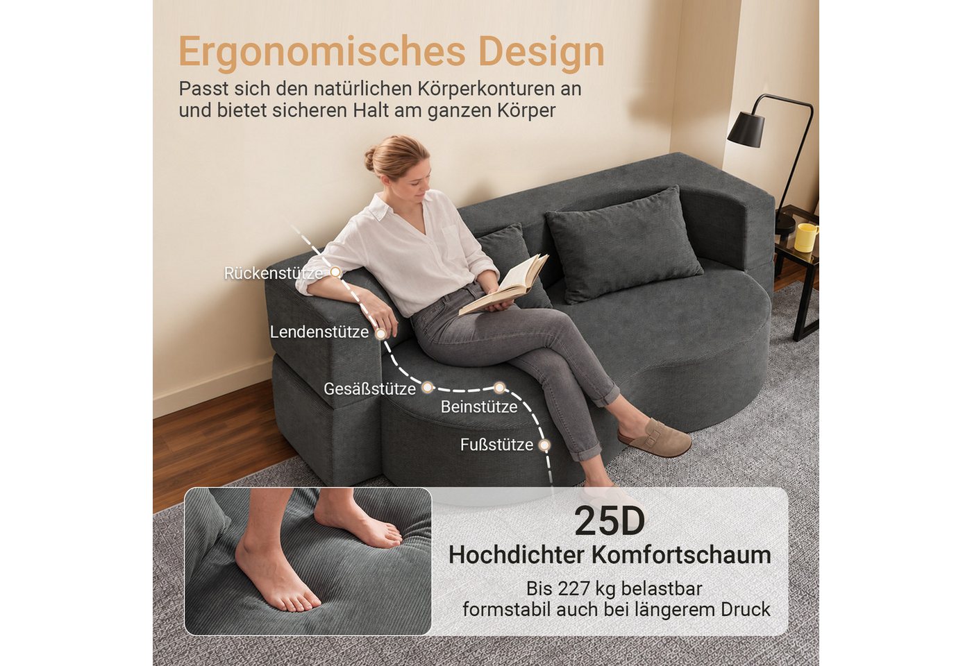 SoBuy Schlafsofa FST101, 2-Sitzer Sofa aus Cord, Klappsofa Gästebett mit 2 Kissen, Bodensofa mit Schlaffunktion für Wohnzimmer Schlafzimmer Gästezimmer – Bild 2 von 5
