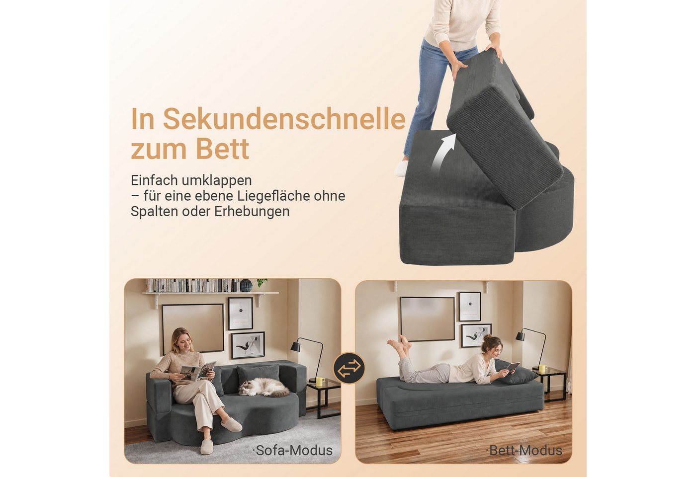 SoBuy Schlafsofa FST101, 2-Sitzer Sofa aus Cord, Klappsofa Gästebett mit 2 Kissen, Bodensofa mit Schlaffunktion für Wohnzimmer Schlafzimmer Gästezimmer – Bild 3 von 5