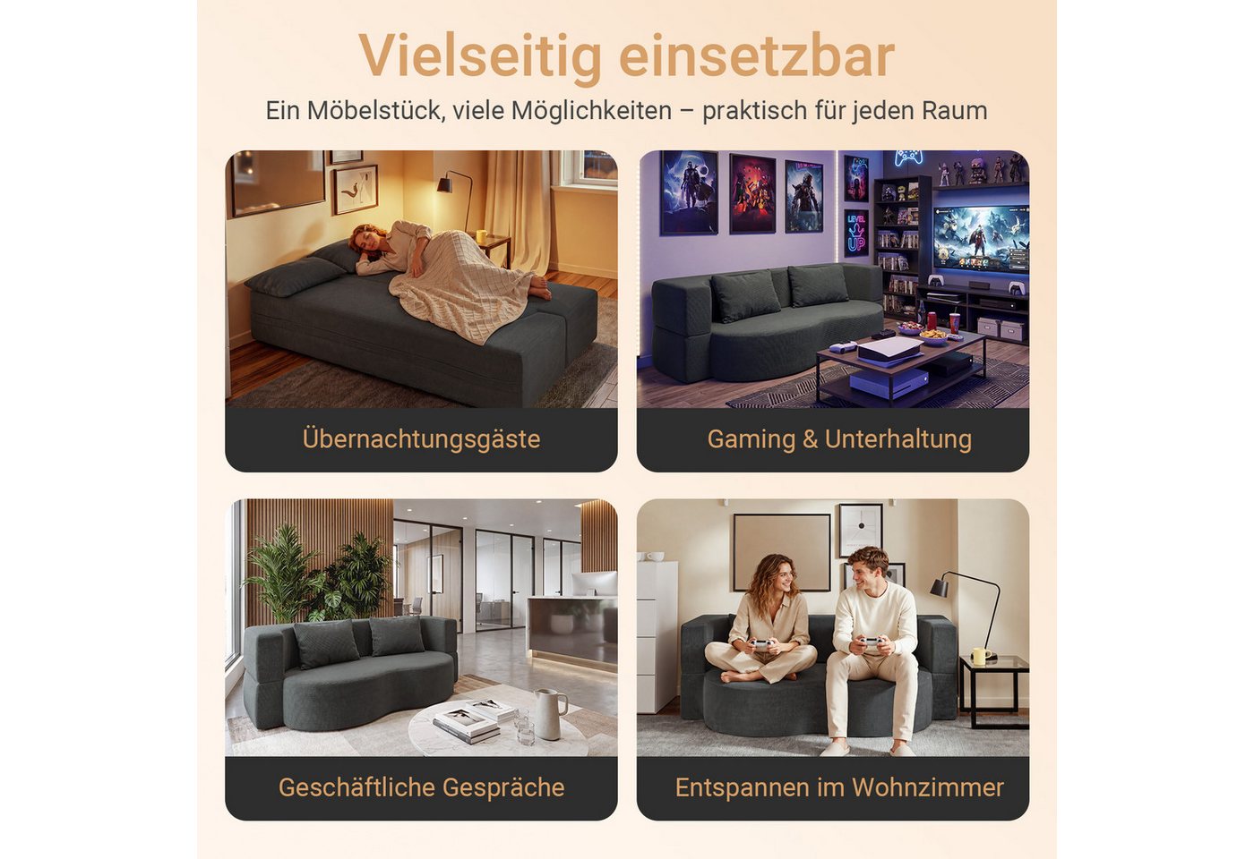 SoBuy Schlafsofa FST101, 2-Sitzer Sofa aus Cord, Klappsofa Gästebett mit 2 Kissen, Bodensofa mit Schlaffunktion für Wohnzimmer Schlafzimmer Gästezimmer – Bild 4 von 5