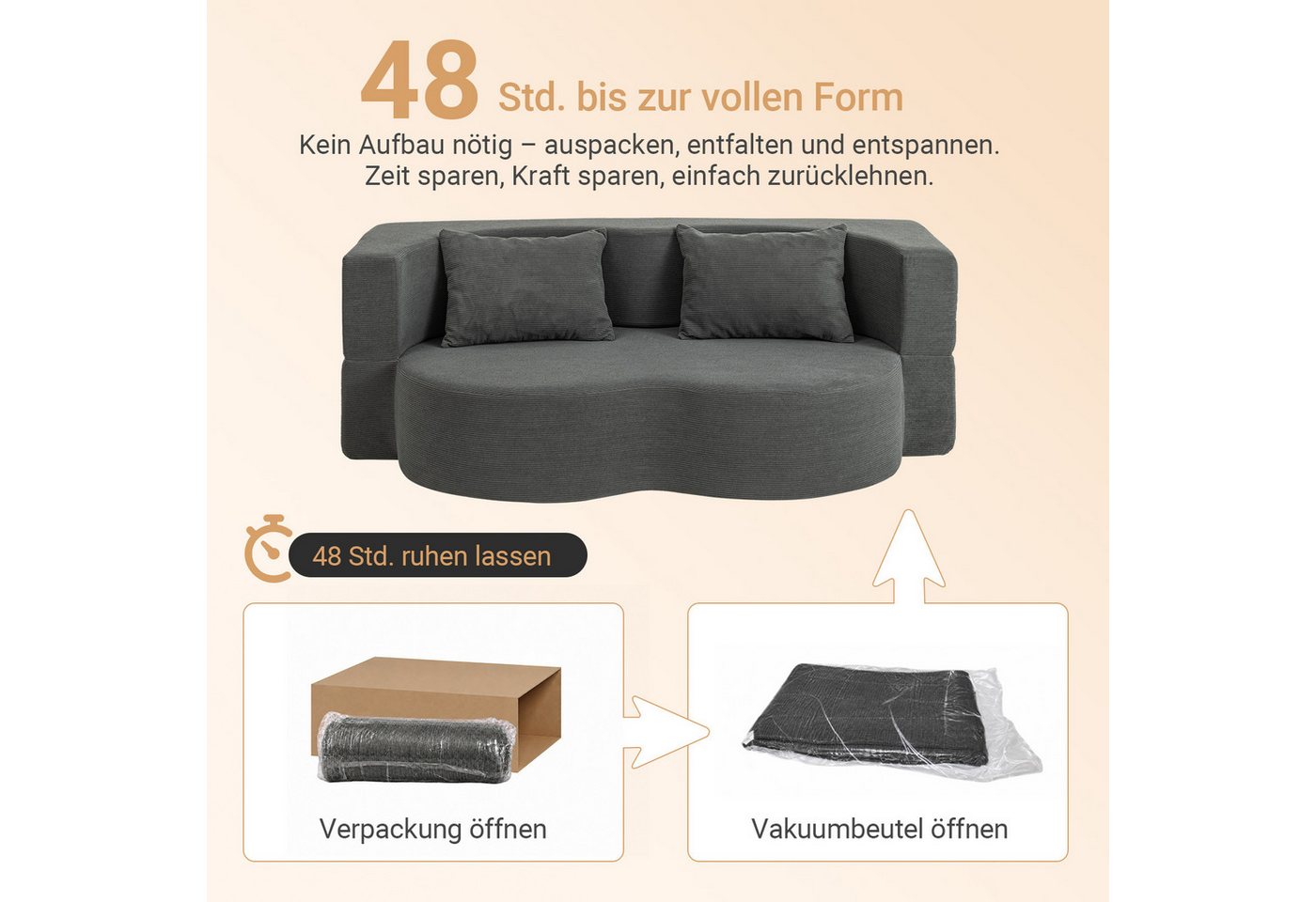 SoBuy Schlafsofa FST101, 2-Sitzer Sofa aus Cord, Klappsofa Gästebett mit 2 Kissen, Bodensofa mit Schlaffunktion für Wohnzimmer Schlafzimmer Gästezimmer – Bild 5 von 5