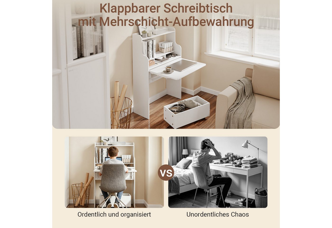 SoBuy Schreibtisch FWT105, Klappschreibtisch mit Regal, mit Regalböden, Computertisch Klapptisch Arbeitstisch für Homeoffice – Bild 3 von 5
