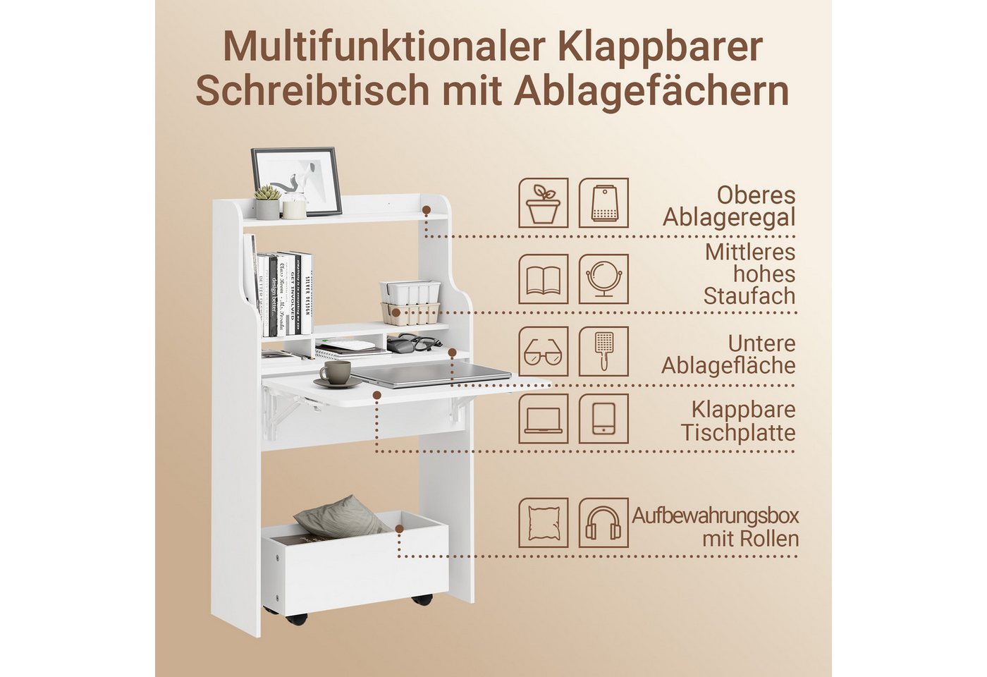 SoBuy Schreibtisch FWT105, Klappschreibtisch mit Regal, mit Regalböden, Computertisch Klapptisch Arbeitstisch für Homeoffice – Bild 4 von 5