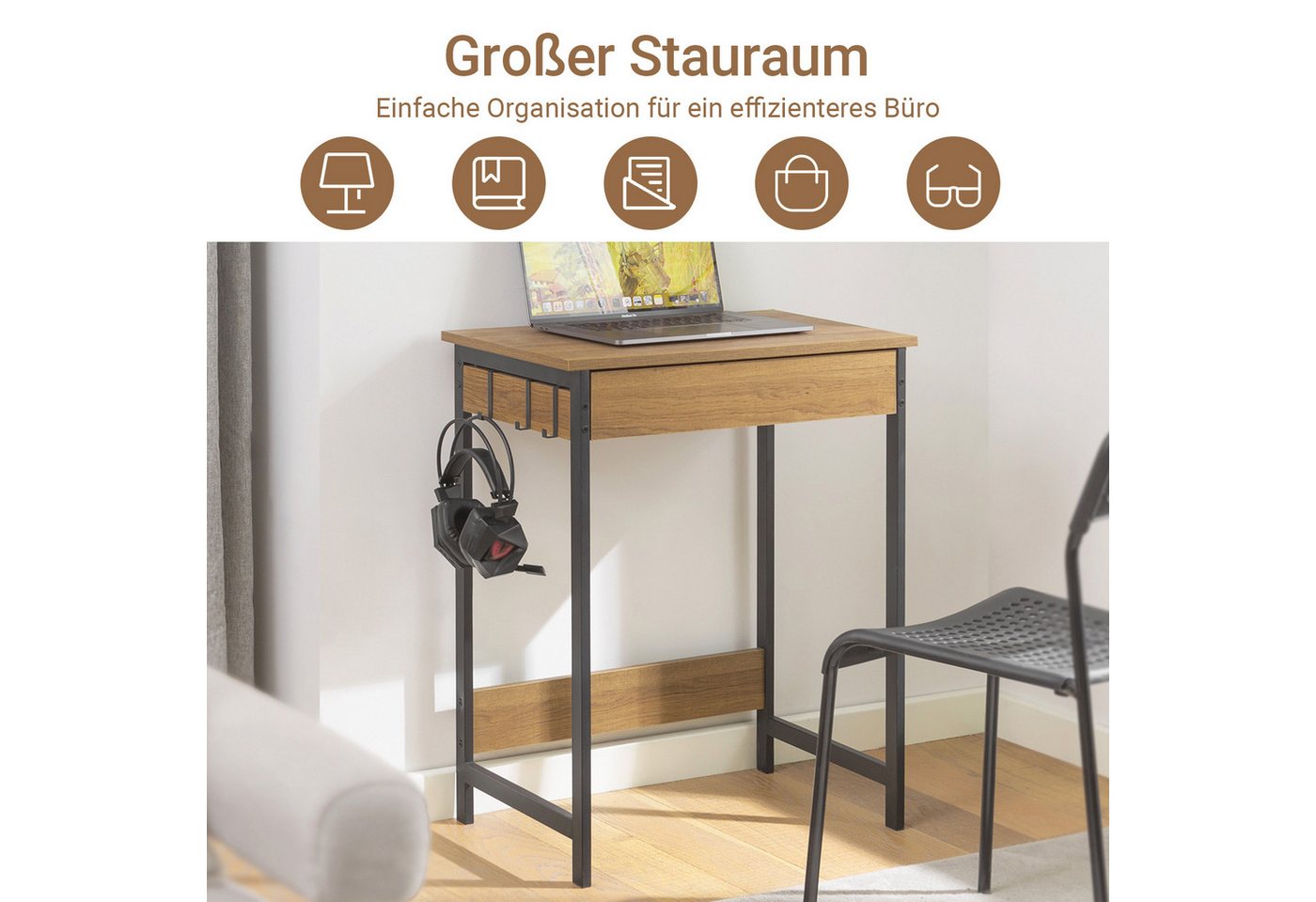 SoBuy Schreibtisch FWT43, Bürotisch, Tisch, Eckschreibtisch, Computertisch Arbeitstisch mit einer Schublade und 2 Haken, Homeoffice – Bild 2 von 5