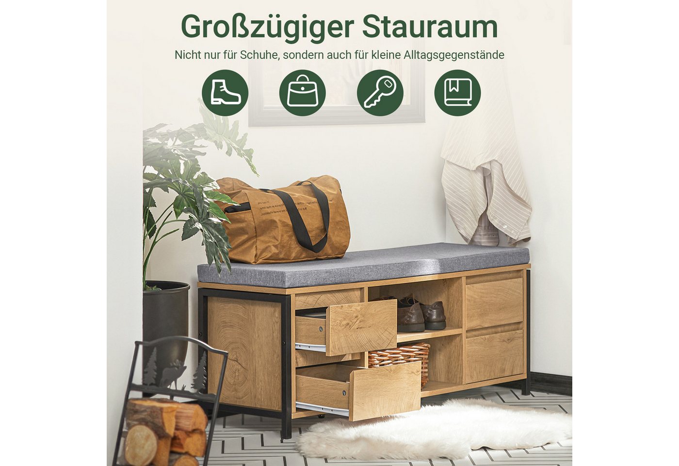 SoBuy Schuhbank FSR149, Schuhbank Sitzbank Schuhtruhe, Sitzkommode mit 4 Schubladen, Schuhregal Dielenbank mit Sitzfläche und Stauraum, 2 offene Fächer – Bild 3 von 5