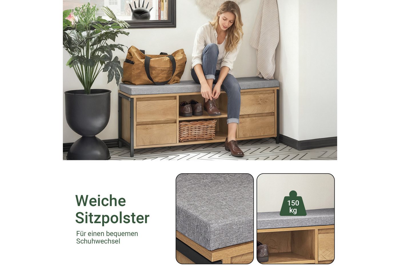 SoBuy Schuhbank FSR149, Schuhbank Sitzbank Schuhtruhe, Sitzkommode mit 4 Schubladen, Schuhregal Dielenbank mit Sitzfläche und Stauraum, 2 offene Fächer – Bild 4 von 5
