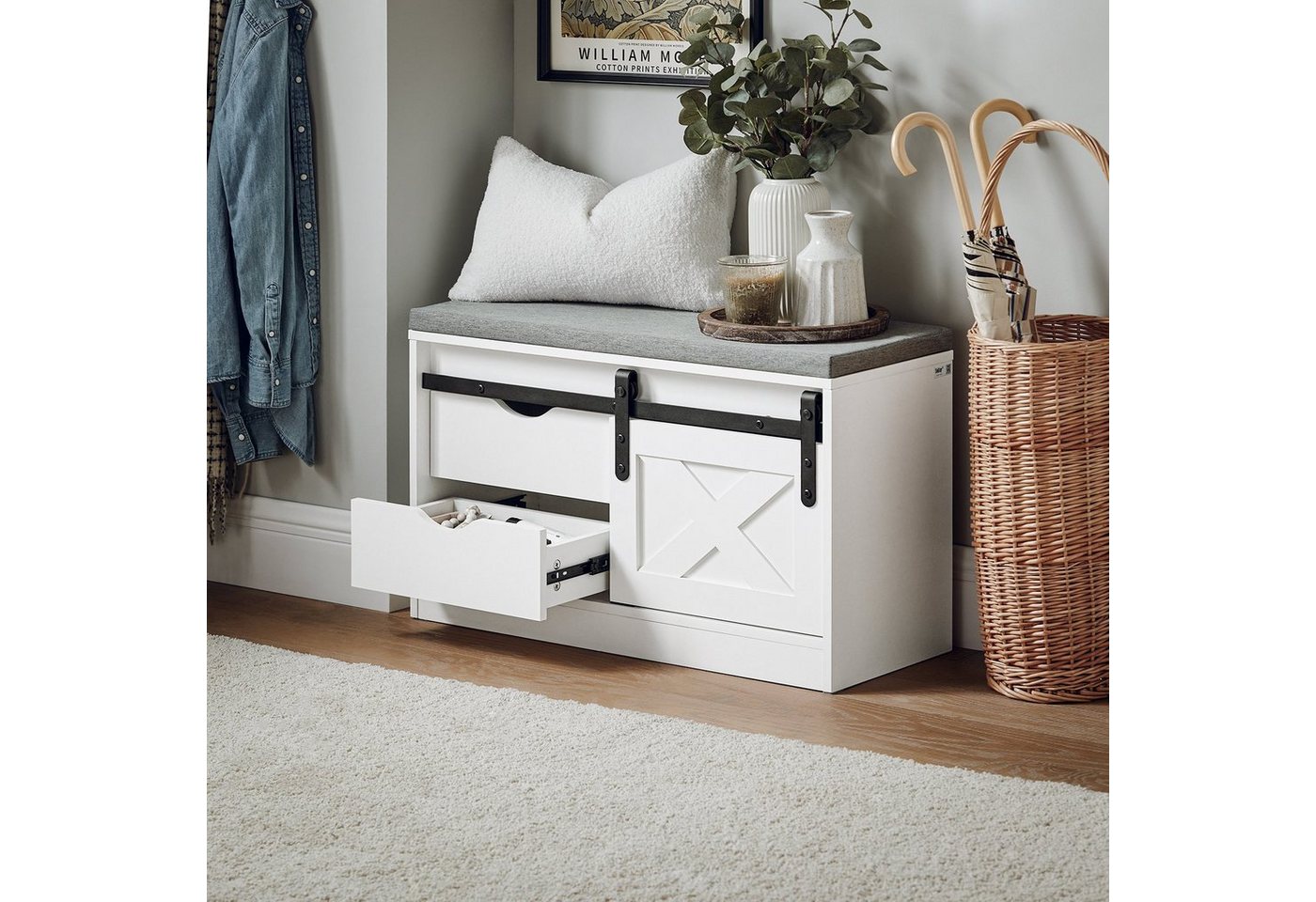 SoBuy Schuhbank FSR153, mit Sitzfläche, Schuhschrank schmal, mit Schiebetüren, Sitzbank mit Stauraum Schuhregal Dielenbank Schuhtruhe Sitzkommode – Bild 3 von 5