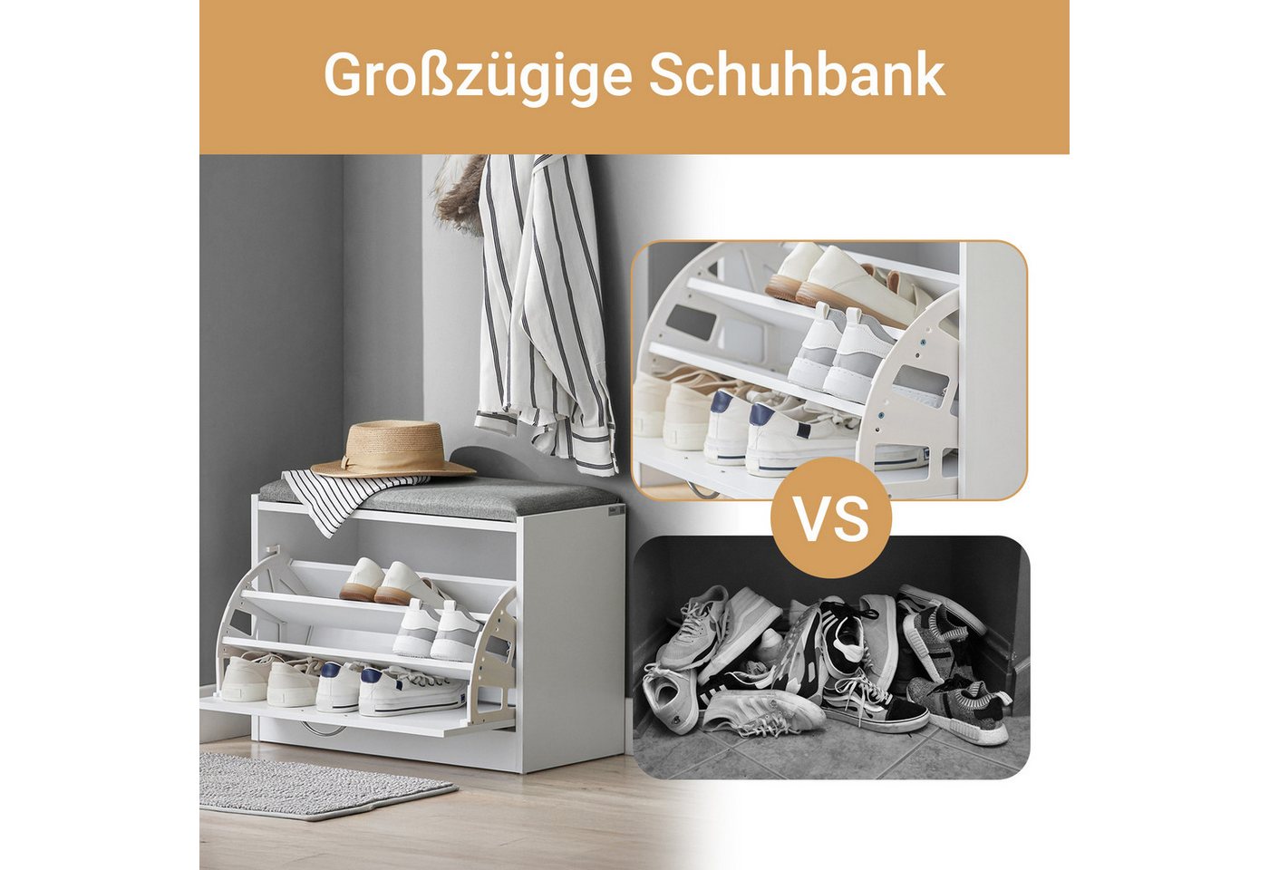 SoBuy Schuhbank FSR16, Schuhorganizer, mit gepolstertem Kissen, für Flur, Eingang, Sitzbank mit Sitzkissen Schuhregal Schuhkipper mit 1 Klappe – Bild 4 von 5