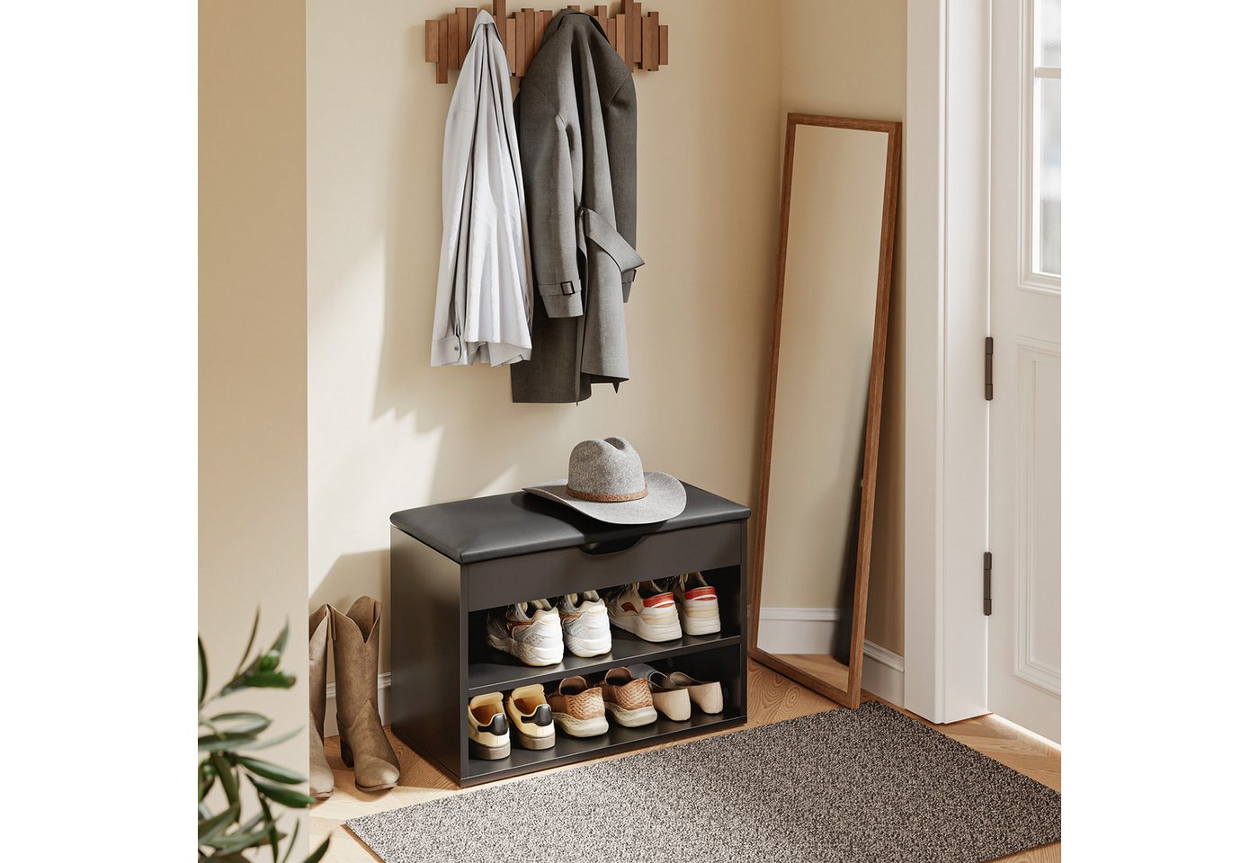 SoBuy Schuhbank FSR25, Schuhregal mit gepolstertem Kissen, Schuhorganizer, Sitzbank mit Stauraum Schuhregal Schuhtruhe mit Sitzfläche – Bild 2 von 5