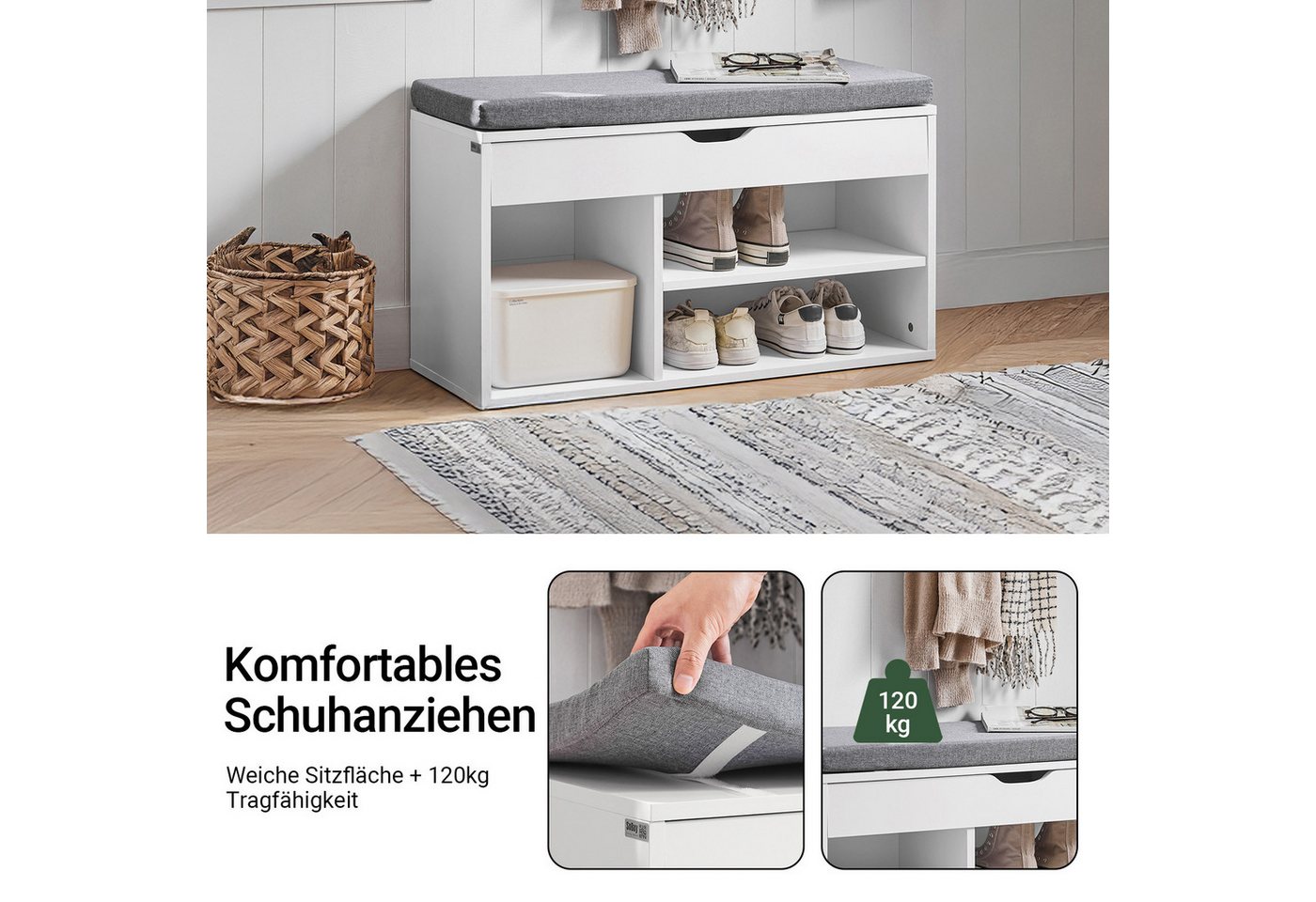 SoBuy Schuhbank FSR45, Schuhbank mit Sitzfläche Garderobenbank Flur, Eingangsbereich, mit Sitzkissen Sitzbank Schuhschrank Schuhregal 3 Fächer – Bild 4 von 5