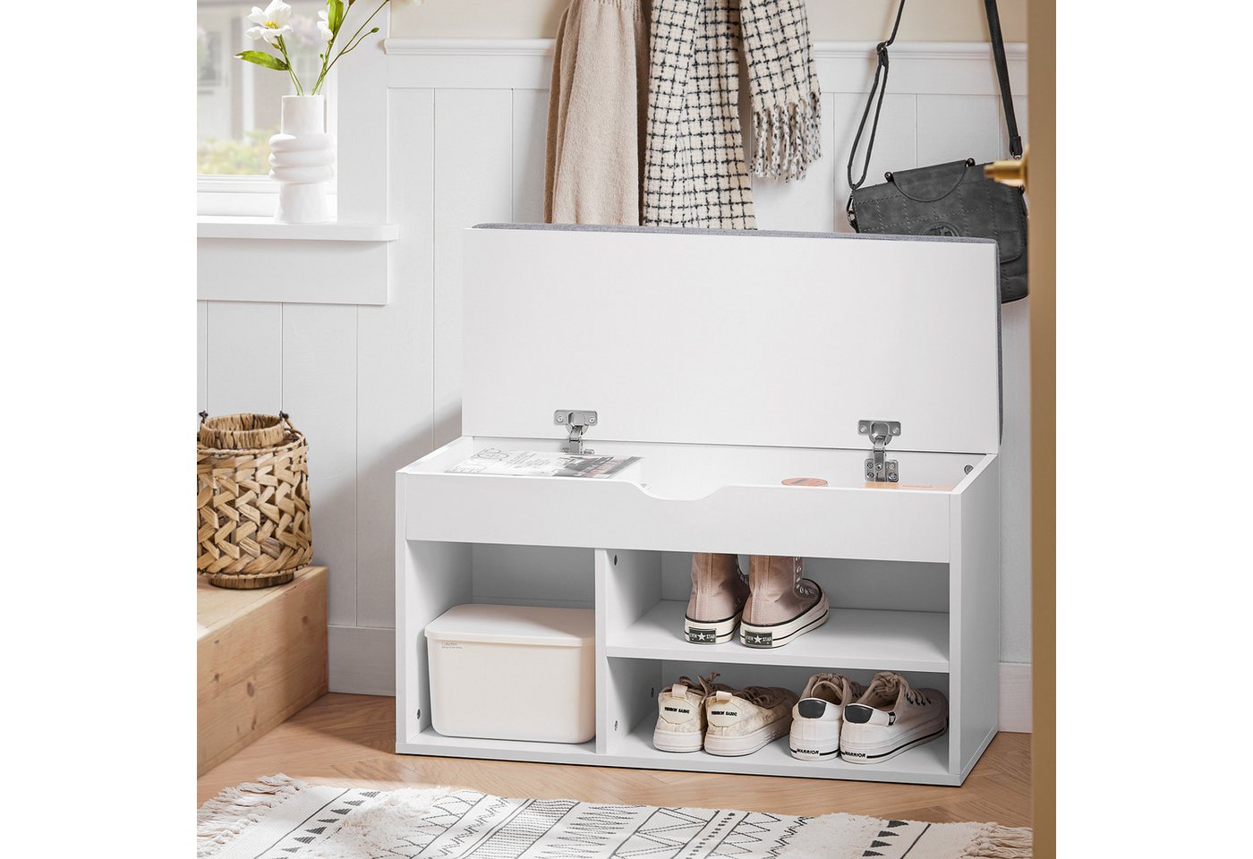 SoBuy Schuhbank FSR45, Schuhbank mit Sitzfläche Garderobenbank Flur, Eingangsbereich, mit Sitzkissen Sitzbank Schuhschrank Schuhregal 3 Fächer – Bild 5 von 5