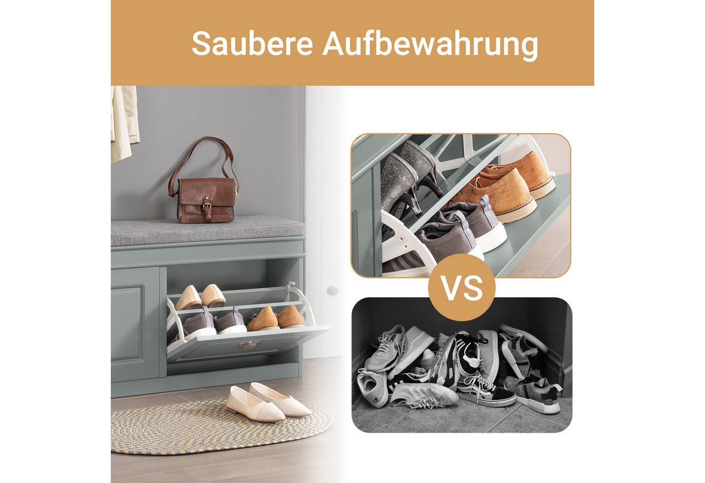 SoBuy Schuhbank FSR64, Schuhbank mit Sitzfläche, Schuhschrank schmal Schuhregal, Schuhkipper Sitzbank mit 2 Klappen, Schuhablage für Flur, kleine Räume – Bild 3 von 5