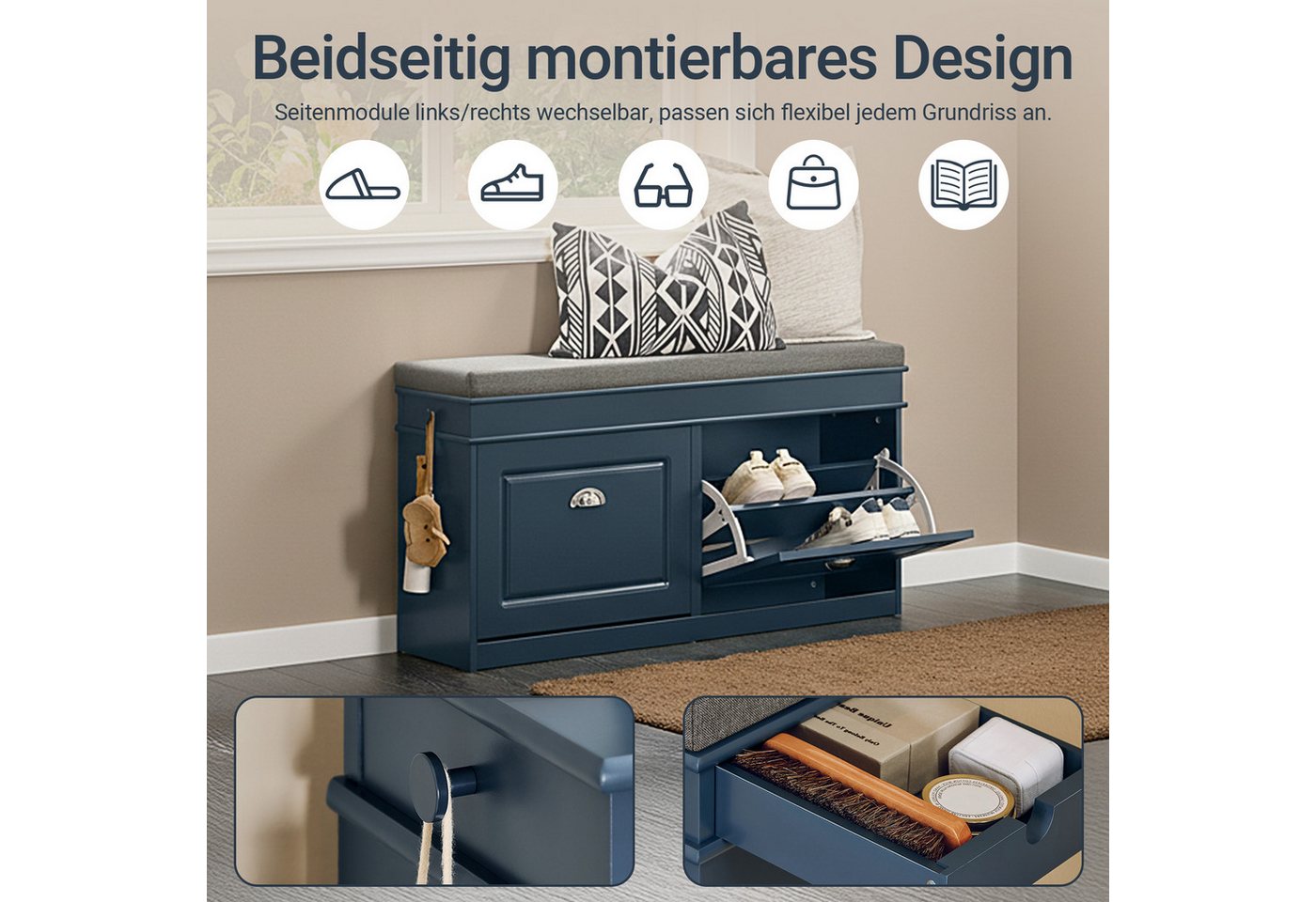 SoBuy Schuhbank FSR64, Schuhbank mit Sitzfläche, Schuhschrank schmal Schuhregal, Schuhkipper Sitzbank mit 2 Klappen, Schuhablage für Flur, kleine Räume – Bild 2 von 5