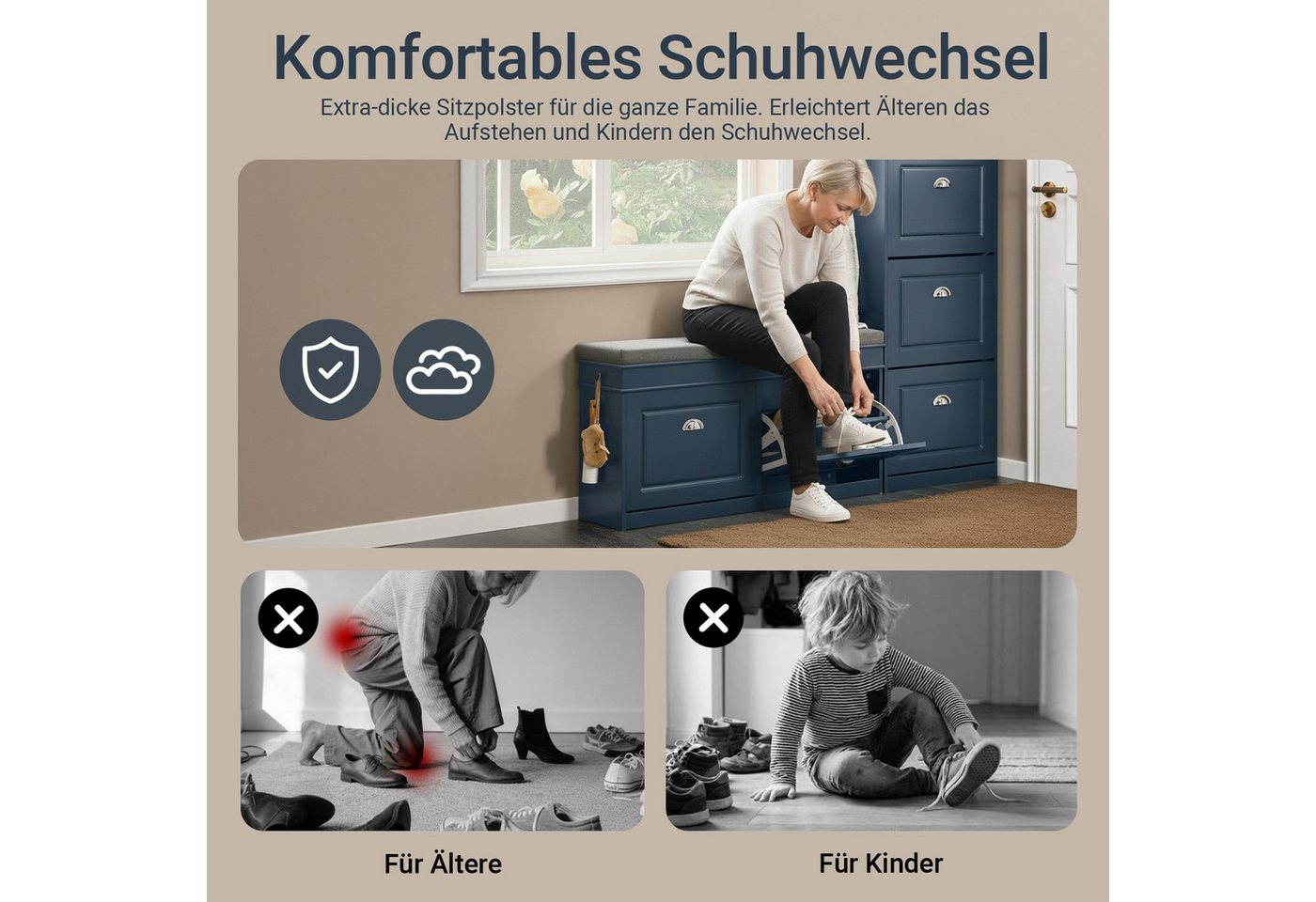 SoBuy Schuhbank FSR64, Schuhbank mit Sitzfläche, Schuhschrank schmal Schuhregal, Schuhkipper Sitzbank mit 2 Klappen, Schuhablage für Flur, kleine Räume – Bild 3 von 5