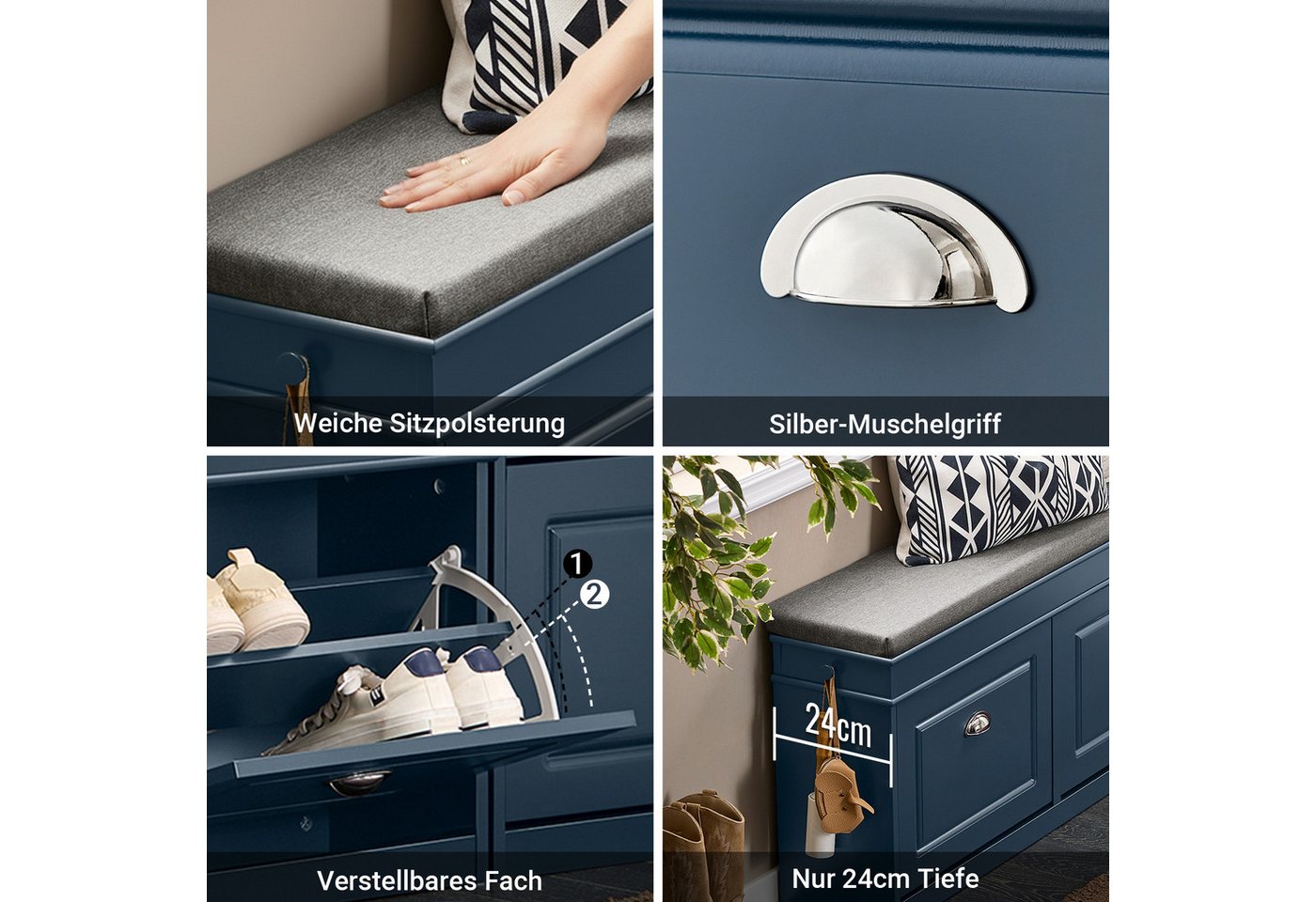 SoBuy Schuhbank FSR64, Schuhbank mit Sitzfläche, Schuhschrank schmal Schuhregal, Schuhkipper Sitzbank mit 2 Klappen, Schuhablage für Flur, kleine Räume – Bild 4 von 5