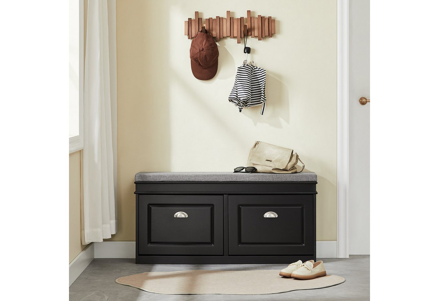 SoBuy Schuhbank FSR64, Schuhbank mit Sitzfläche, Schuhschrank schmal Schuhregal, Schuhkipper Sitzbank mit 2 Klappen, Schuhablage für Flur, kleine Räume – Bild 2 von 5