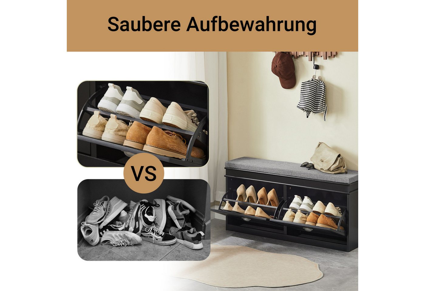 SoBuy Schuhbank FSR64, Schuhbank mit Sitzfläche, Schuhschrank schmal Schuhregal, Schuhkipper Sitzbank mit 2 Klappen, Schuhablage für Flur, kleine Räume – Bild 3 von 5