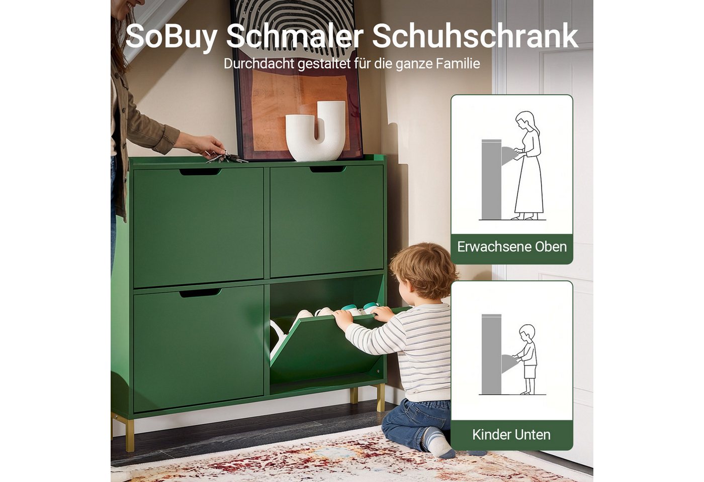 SoBuy Schuhkipper FSR100, Schuhschrank schmal mit 4 Klappen, Flurschrank Schuhregal, Schuhkipper schmal, nur 19 cm tief, für Kleine Wohnungen, Enge Flure – Bild 2 von 5
