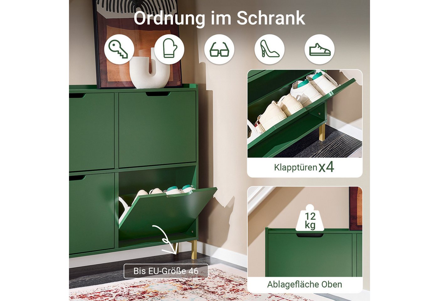SoBuy Schuhkipper FSR100, Schuhschrank schmal mit 4 Klappen, Flurschrank Schuhregal, Schuhkipper schmal, nur 19 cm tief, für Kleine Wohnungen, Enge Flure – Bild 4 von 5