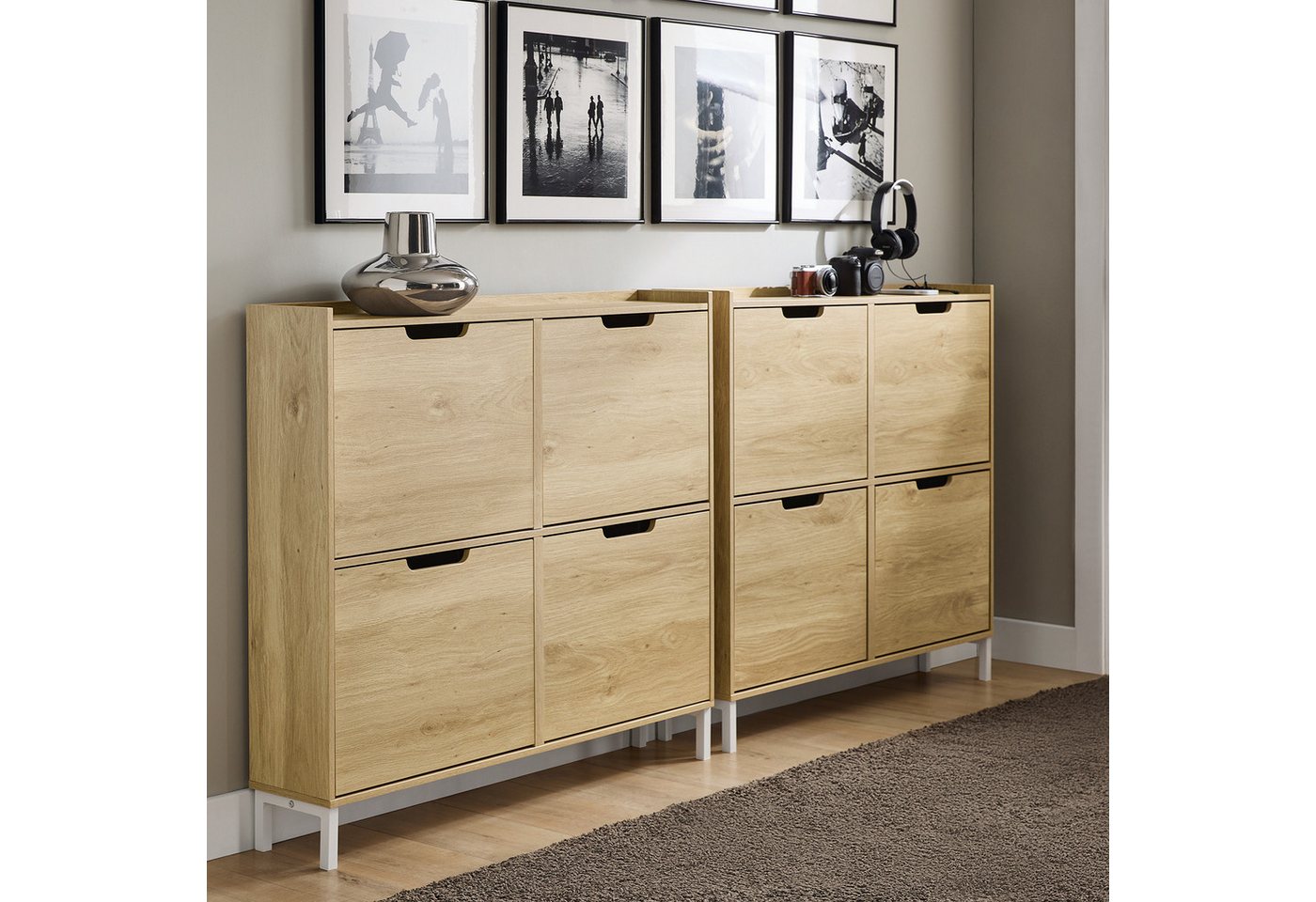 SoBuy Schuhkipper FSR100, Schuhschrank schmal mit 4 Klappen, Flurschrank Schuhregal, Schuhkipper schmal, nur 19 cm tief, für Kleine Wohnungen, Enge Flure – Bild 2 von 5