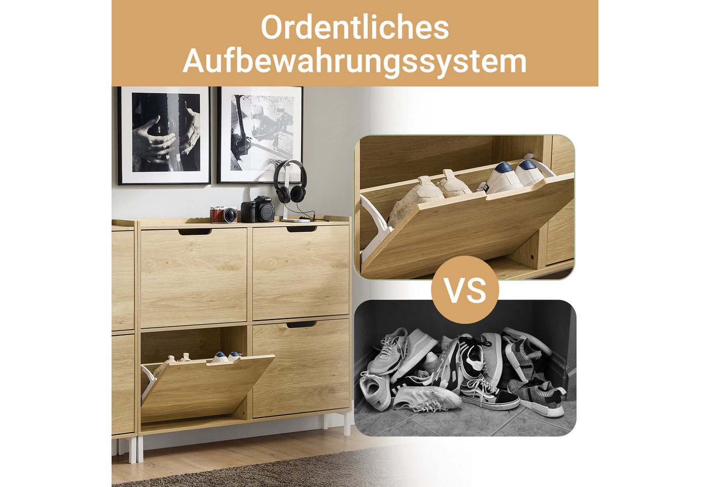 SoBuy Schuhkipper FSR100, Schuhschrank schmal mit 4 Klappen, Flurschrank Schuhregal, Schuhkipper schmal, nur 19 cm tief, für Kleine Wohnungen, Enge Flure – Bild 3 von 5