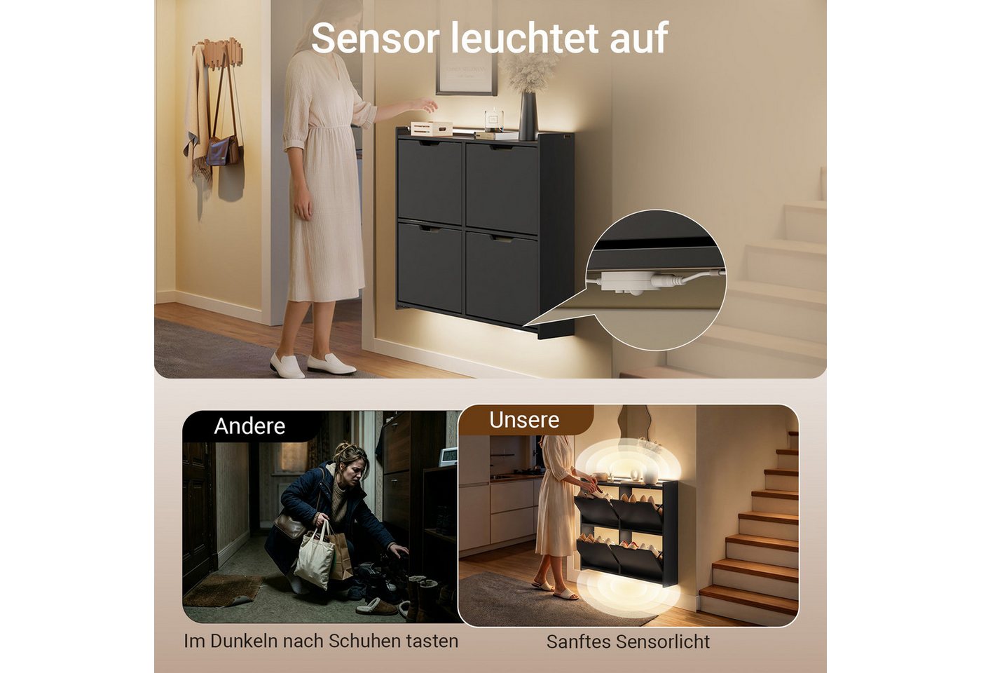 SoBuy Schuhkipper FSR100, Schuhschrank schmal, Schuhregal Schuhkipper, Schuhkommode Weiß, Schuhschrank hängend, Schuhaufbewahrung, 19 cm tief, mit Sensorlicht – Bild 4 von 5