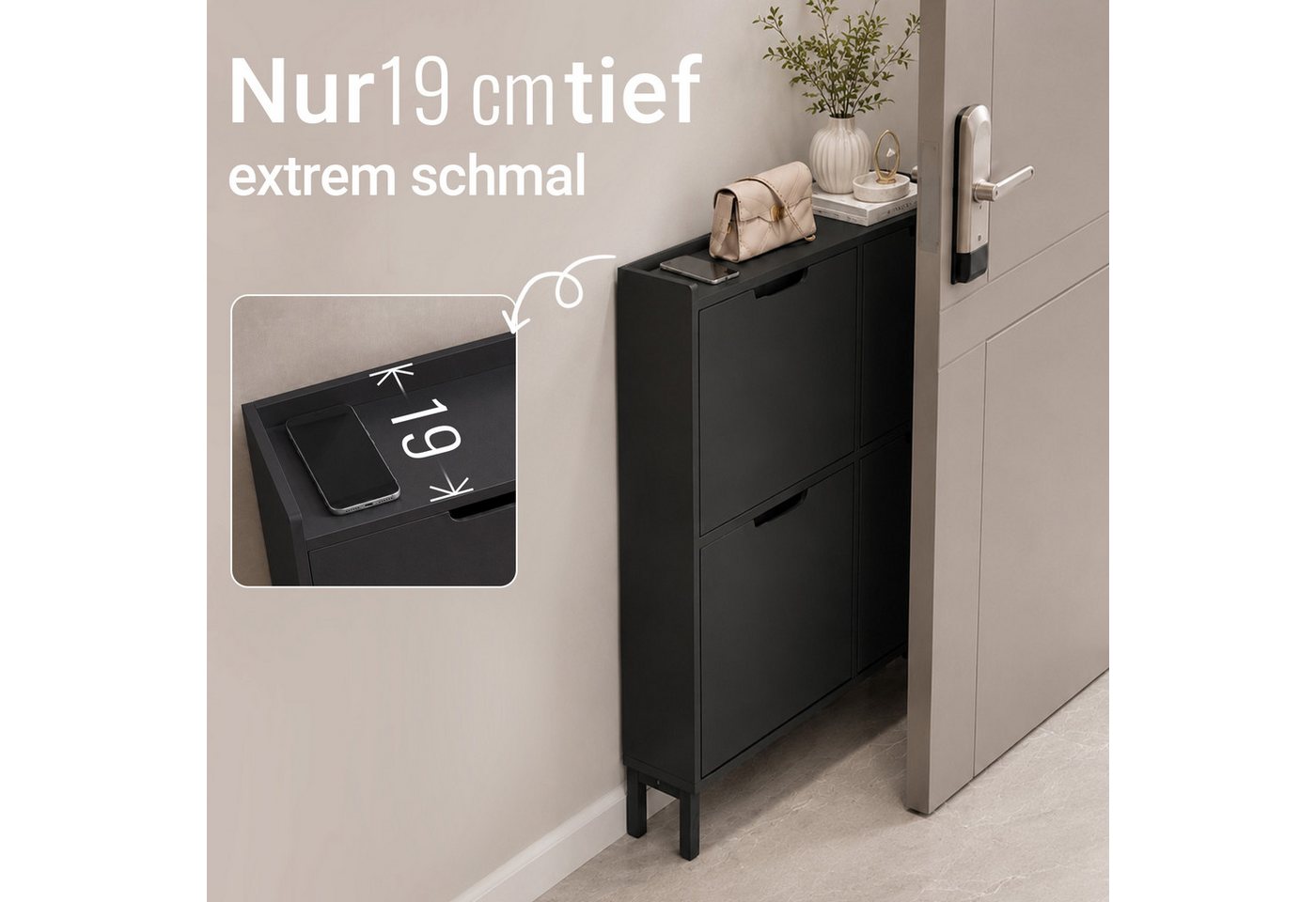 SoBuy Schuhkipper FSR100, Schuhschrank schmal mit 4 Klappen, Flurschrank Schuhregal, Schuhkipper schmal, nur 19 cm tief, für Kleine Wohnungen, Enge Flure – Bild 3 von 5