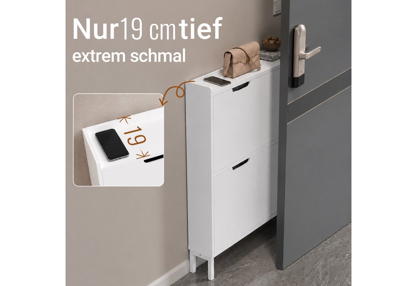 SoBuy Schuhkipper FSR100, Schuhschrank schmal mit 4 Klappen, Flurschrank Schuhregal, Schuhkipper schmal, nur 19 cm tief, für Kleine Wohnungen, Enge Flure – Bild 3 von 5