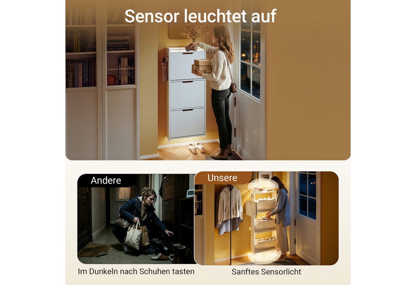 SoBuy Schuhkipper FSR151-H-E, Schuhschrank schmal, Schuhregal Schuhkipper Flurschrank, Schuhschrank hängend, mit Sensorlicht, 3 Klappen, Schuhaufbewahrung – Bild 3 von 5
