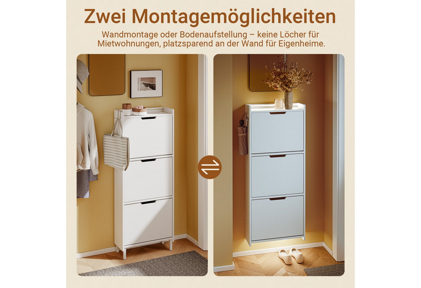 SoBuy Schuhkipper FSR151-H-E, Schuhschrank schmal, Schuhregal Schuhkipper Flurschrank, Schuhschrank hängend, mit Sensorlicht, 3 Klappen, Schuhaufbewahrung – Bild 4 von 5