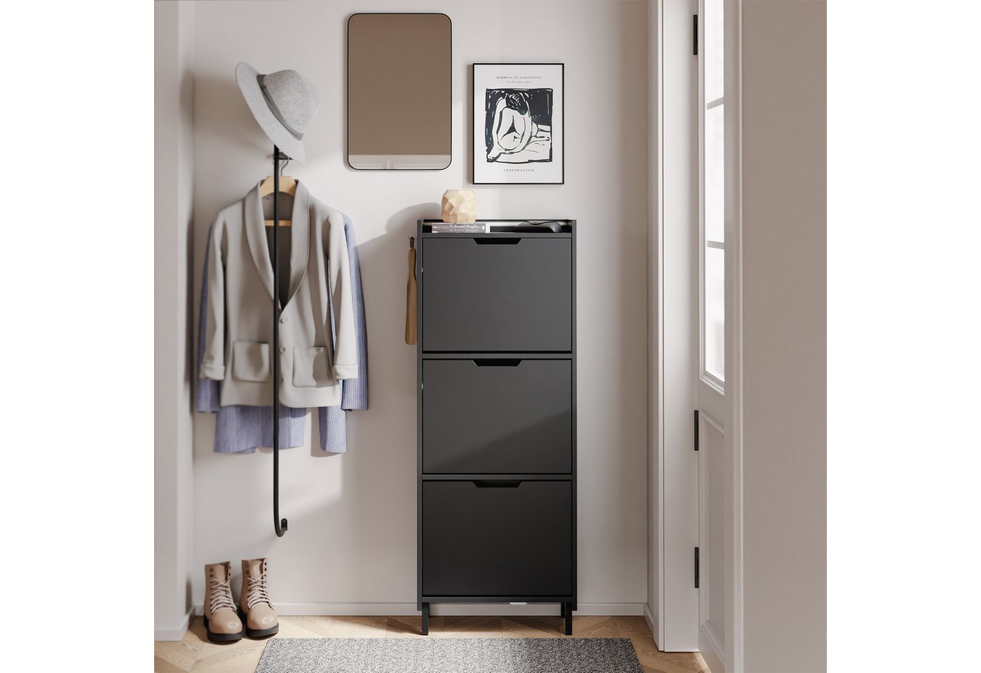 SoBuy Schuhkipper FSR151-H-E, Schuhschrank schmal, Schuhregal Schuhkipper Flurschrank, Schuhschrank hängend, mit Sensorlicht, 3 Klappen, Schuhaufbewahrung – Bild 2 von 5