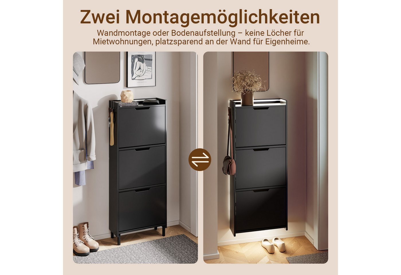 SoBuy Schuhkipper FSR151-H-E, Schuhschrank schmal, Schuhregal Schuhkipper Flurschrank, Schuhschrank hängend, mit Sensorlicht, 3 Klappen, Schuhaufbewahrung – Bild 3 von 5