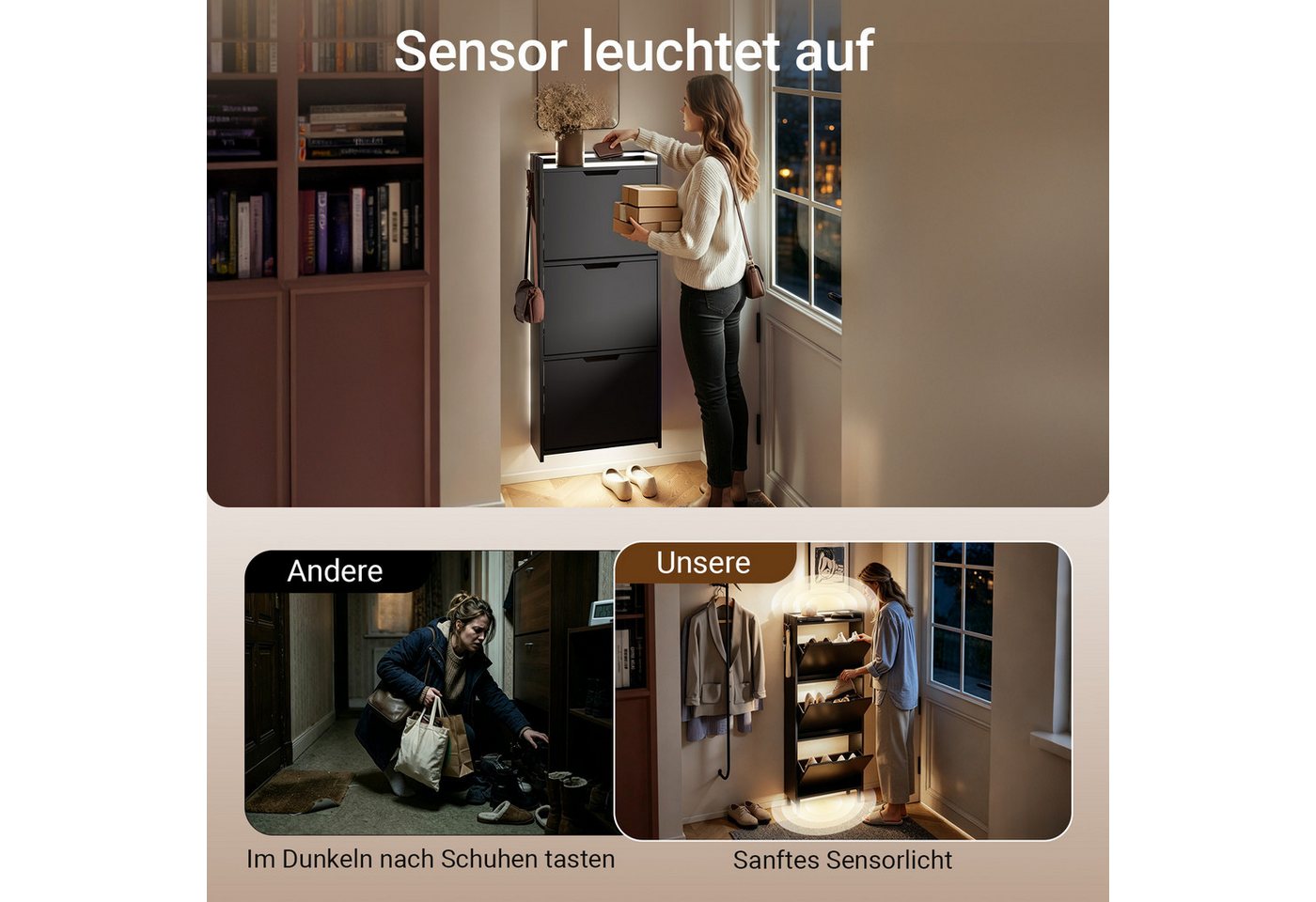 SoBuy Schuhkipper FSR151-H-E, Schuhschrank schmal, Schuhregal Schuhkipper Flurschrank, Schuhschrank hängend, mit Sensorlicht, 3 Klappen, Schuhaufbewahrung – Bild 4 von 5