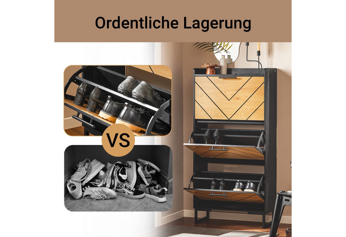 SoBuy Schuhkipper FSR164, Schuhschrank schmal, Schuhablage für 12-18 Paar Schuhe, Schuhschrank mit 3 Klappen Schuhregal Schuhkommode schmal – Bild 3 von 5