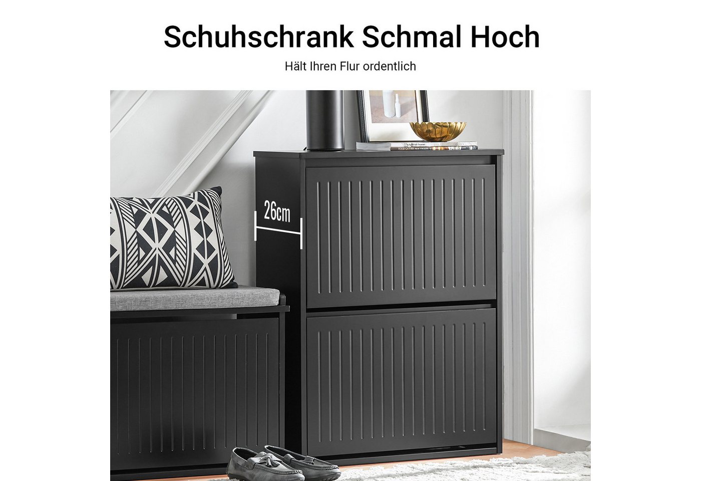 SoBuy Schuhkipper FSR165, Schuhschrank schmal, Flurschrank Schuhregal Schuhkommode weiß, Schuhkipper, Schuhablage mit 1/2/3 Klappen, Trennwand verstellbar – Bild 2 von 5