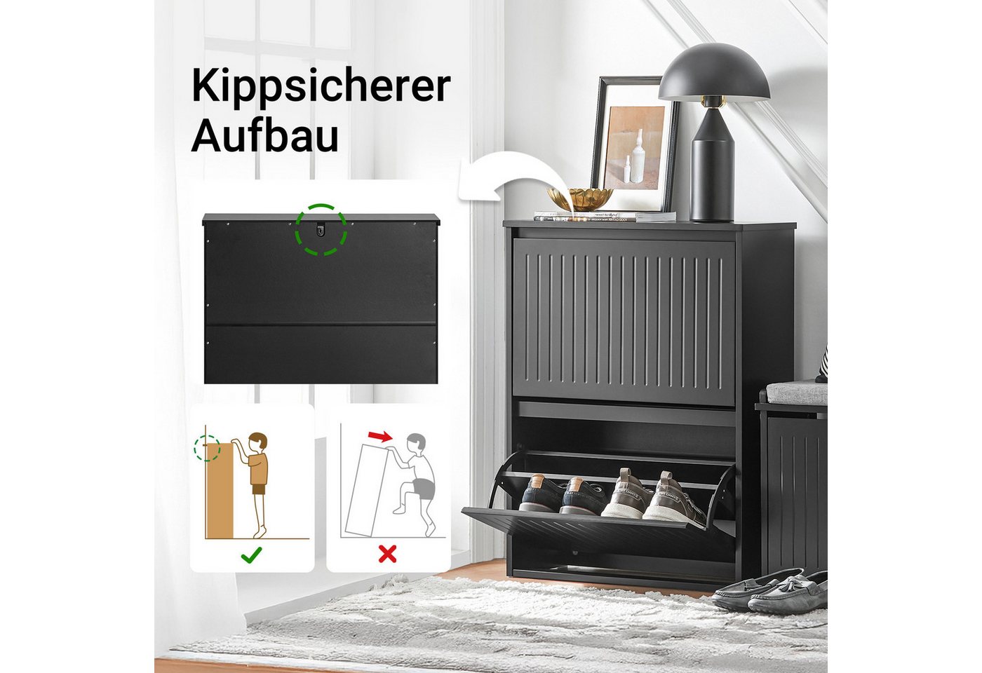 SoBuy Schuhkipper FSR165, Schuhschrank schmal, Flurschrank Schuhregal Schuhkommode weiß, Schuhkipper, Schuhablage mit 1/2/3 Klappen, Trennwand verstellbar – Bild 3 von 5