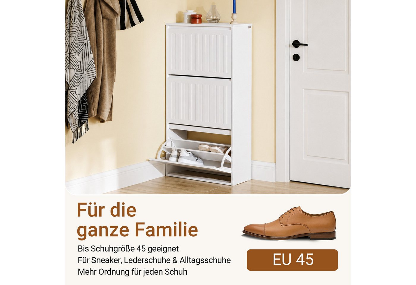 SoBuy Schuhkipper FSR165, Schuhschrank schmal, Flurschrank Schuhregal Schuhkommode weiß, Schuhkipper, Schuhablage mit 1/2/3 Klappen, Trennwand verstellbar – Bild 2 von 5